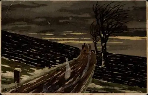 Künstler Litho Mailick, Fuhrwerk, Winter, Schnee