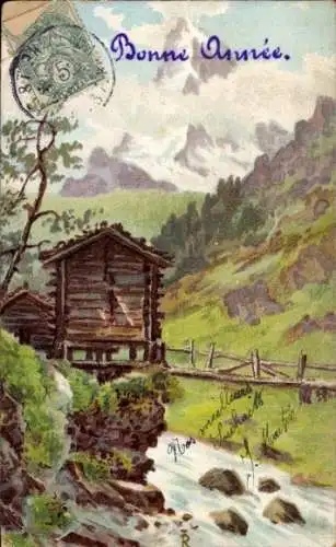 Litho Glückwunsch Neujahr, Holzhütte, Fluss, Brücke, Bergspitze