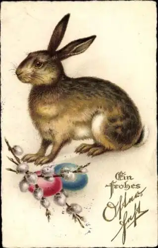 Ak Glückwunsch Ostern, Osterhase, Ostereier, Weidenkätzchen