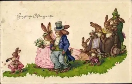 Ak Glückwunsch Ostern, Hasenhochzeit