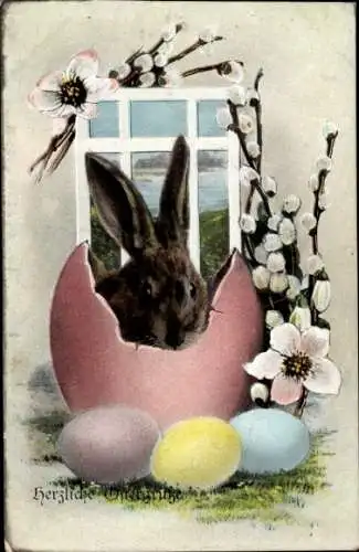 Ak Glückwunsch Ostern, Osterhase, Osterei, Weidenkätzchen