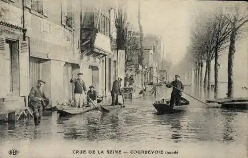 Ak Courbevoie Hauts de Seine, Hochwasser, Ruderboote