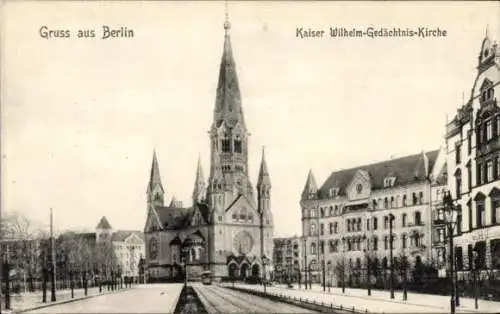 Ak Berlin Charlottenburg, Kaiser Wilhelm-Gedächtnis-Kirche, Historische Straßenszene, Straßenb...