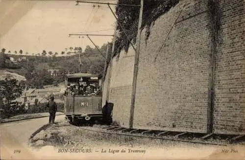 Ak Bon Secours Bonsecours Péruwelz Hennegau, Straßenbahn fährt entlang der Mauer