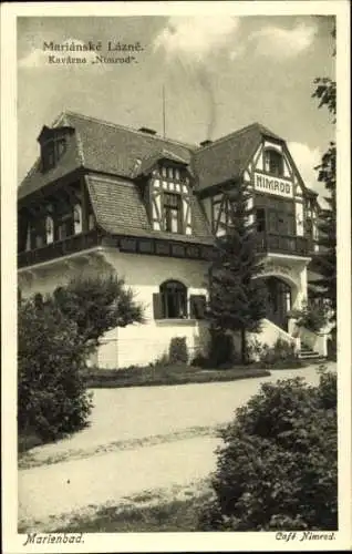 Ak Mariánské Lázně Marienbad Reg. Karlsbad, Café Nimrod, Straße