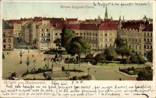 Ak Hannover in Niedersachsen, Ernst-August-Platz, Gruss aus  schöne Gebäude, Statue