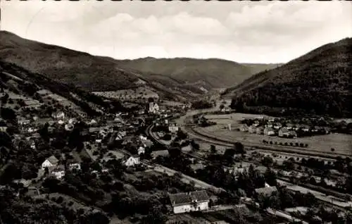 Ak Lautenbach im Renchtal Schwarzwald, Landschaft mit Bergen, Dörfern, Fluss, historische Post...