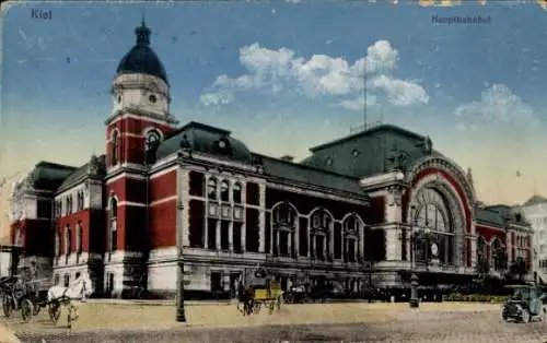 Ak Kiel, Hauptbahnhof, historische Architektur, Pferdekutschen