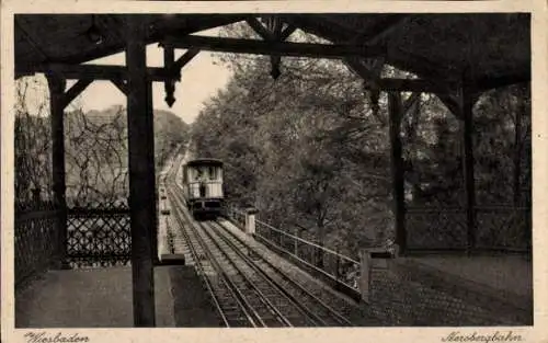 Ak Wiesbaden in Hessen, Nerobergbahn, Bahnwagen auf Gleisen, umgeben von Bäumen, Aussichtspunkt