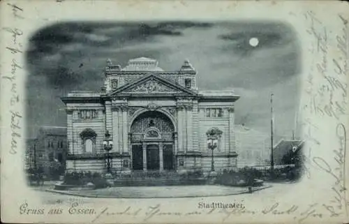 Ak Essen im Ruhrgebiet, Stadttheater, Gruss aus  historisches Gebäude, schwarze Weißaufnahme