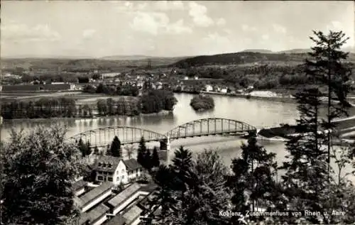 Ak Koblenz am Rhein, Zusammenfluss von Rhein und Aare, Brücke, Landschaft, Berge