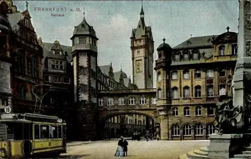 Ak Frankfurt am Main, Straßenbahn am Rathaus, Denkmal