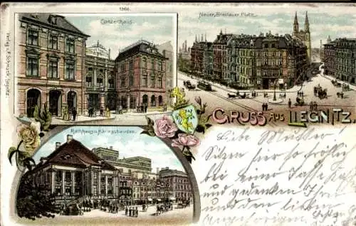 Litho Legnica Liegnitz Schlesien, Konzerthaus, Neuer Breslauer Platz, Rathaus, Häringsbauden