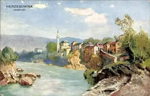 Ak Mostar Bosnien Herzegowina, Landschaftsmalerei, Fluss, Felsen, Häuser, Himmel