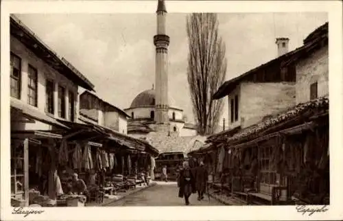 Ak Sarajevo Bosnien Herzegowina, Markt, Moschee, Türme, historische Gebäude