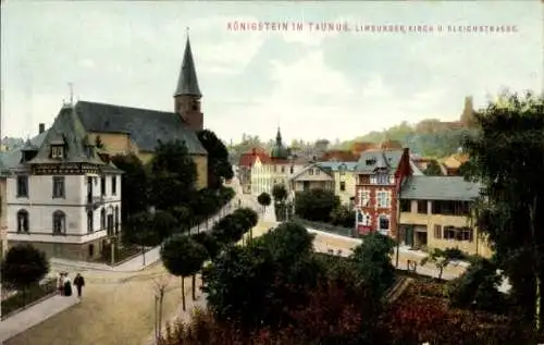 Ak Königstein im Taunus Hessen, Limburger-, Kirch- u. Bleichstraße, Kirche, Festung 