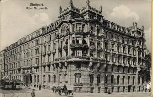 Ak Stuttgart, Hotel Marquardt, Straßenbahnen