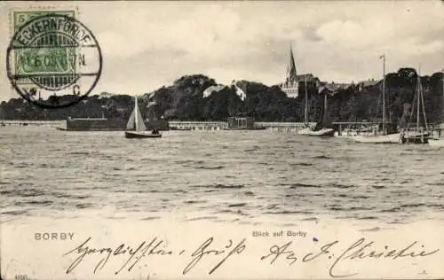 Ak Ostseebad Borby Eckernförde, Blick auf  Schiffe im Wasser, Bäume, Gebäude im Hintergrund