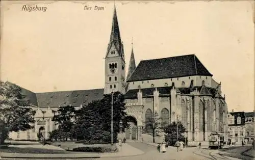 Ak Augsburg in Schwaben, Blick zum Dom, Strassenbahn