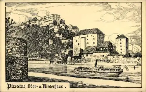 Ak Passau in Niederbayern,  Ober- und Niederhaus, Flussblick, historische Architektur