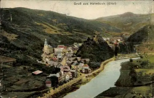 Ak Heimbach in der Eifel, Gruß aus Heimbach, Landschaft mit Häusern und Fluss, Berge im Hinter...