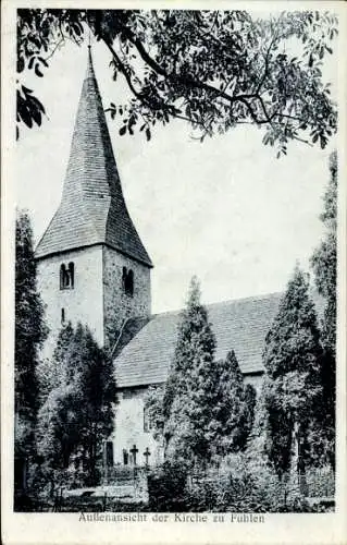 Ak Fuhlen Hessisch Oldendorf an der Weser, Außenansicht der Kirche, hohe Spitze, umgebende Bäume