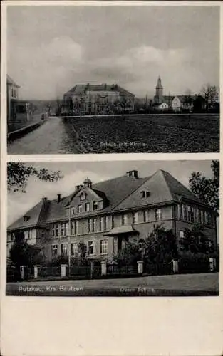 Ak Putzkau in der Oberlausitz, Schule mit Kirche, Obere Schule