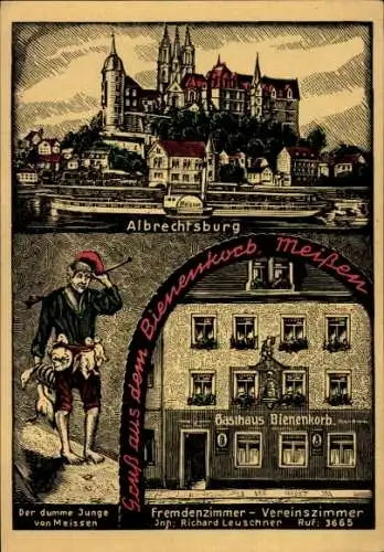 Künstler Ak Meißen an der Elbe, Albrechtsburg, Der dumme Junge von Meissen, Gasthaus Bienenkorb