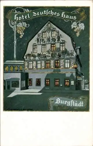 Ak Burgstädt in Sachsen, Hotel Deutsches Haus, Darstellung des Gebäudes, künstlerische Gestaltung