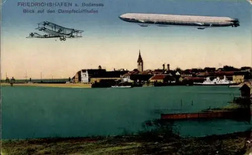 Ak Friedrichshafen am Bodensee, Dampfschiffhafen, Zeppelin, Wasserflugzeug