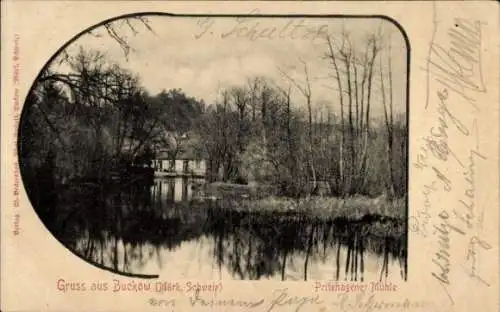 Ak Buckow in der Märkischen Schweiz, Bild der Pritzhagener Mühle, ruhiger Gewässer, Bäume, Grüße