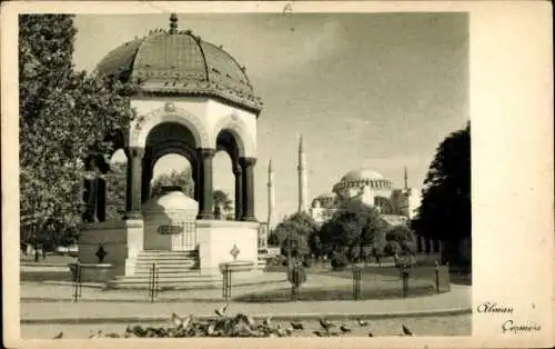 Ak Konstantinopel Istanbul Türkei, Historische Springbrunnen, Hagia Sophia im Hintergrund, Bäu...