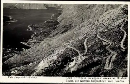 Ak Цетиње Cetinje Montenegro, Aussicht von Lovćen, Serpentinenstraße, Kotor Bucht, Foto