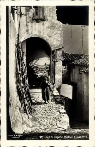 Ak Lugano Kanton Tessin Schweiz, Landschaft mit steiniger Gasse, Mann mit Last, Hotel Seehof