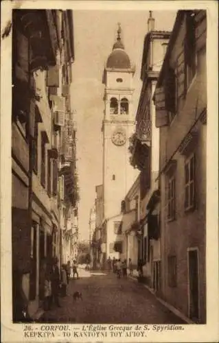 Ak Korfu Griechenland, Eglise Grecque de S. Spyridion, historische Straße, Uhrturm, Architektur