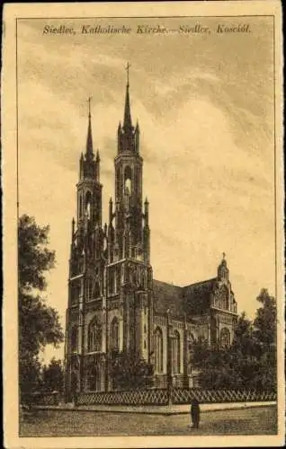 Ak Siedlce Siedlec Polen, Katholische Kirche, zwei Türme, alte Architektur, schöne Details