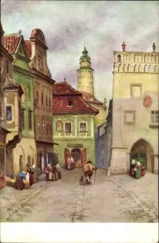 Künstler Ak Český Krumlov Böhmisch Krumau Krummau Südböhmen, Ringplatz