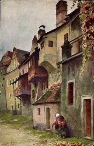 Ak Krumau am Kamp Krems-Land in Niederösterreich, Bunte Häuser, Straßenblick, Malerischer Stil...