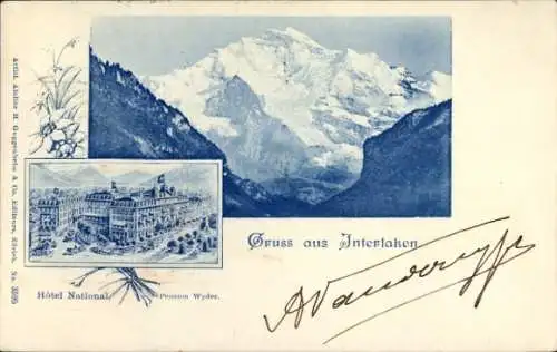 Ak Interlaken Kanton Bern Schweiz, Berglandschaft, Hotel National, Pension Wyder, Gruß aus Int...