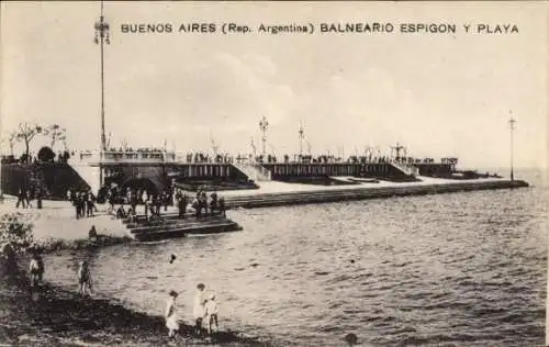 Ak Buenos Aires Argentinien, Balneario Espigón y Playa, Menschen am Wasser, historische Ansicht