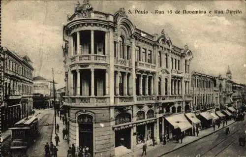 Ak São Paulo Brasilien, Historische Straßenansicht, Gebäude in Stadtmitte, Trams, Geschäfte