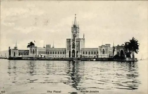 Ak Rio de Janeiro Brasilien, Ilha Fiscal, Architektur, Wasser, Palmen, historisches Gebäude