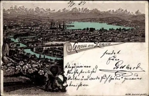 Ak Zürich Stadt Schweiz, Ansicht von  Alpen im Hintergrund, Fluss, Gebäude, Postkarte