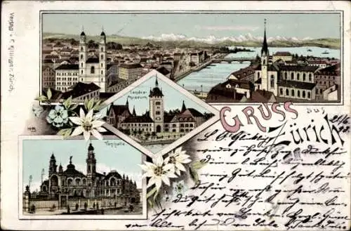 Ak Zürich Stadt Schweiz, Postkarte mit Stadtansicht von  Museen, Kirche, Berglandschaft