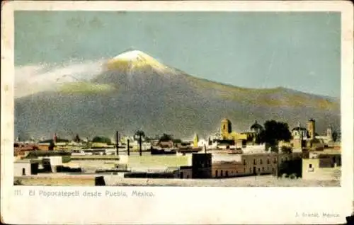 Ak Puebla Mexiko, El Popocatepetl, Vulkan, Stadtansicht, postkarte, Mexiko