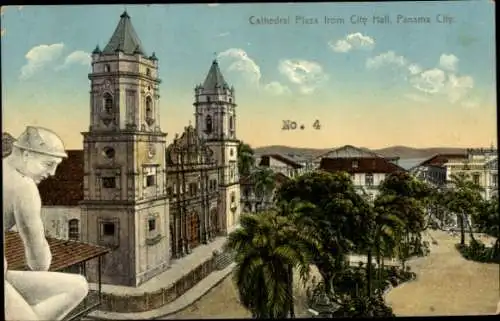 Ak Panama City Panama, Kathedrale Plaza, Stadtverwaltung, Statue, Blick auf die Bucht