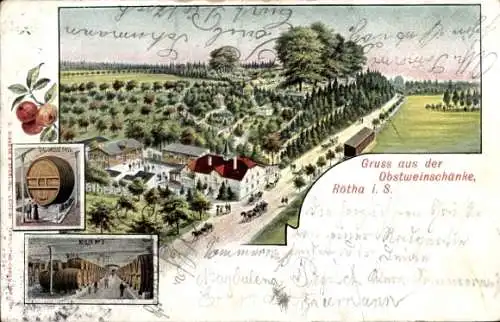 Ak Rötha in Sachsen, Obstweinschänke, Obstbaumgärten, Menschen im Freien, schöne Landschaft