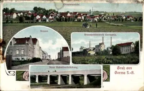 Ak Gorma Rositz Altenburger Land, Gesamtansicht, Strasse, Braunkohlenwerk Germania, Neue Bahnü...