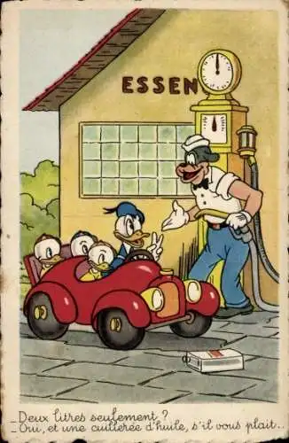 Ak Walt Disney, Comic, Donald Duck an der Tankstelle