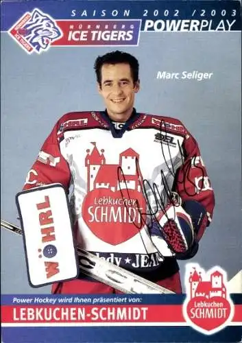 Ak Eishockey Torhüter Marc Seliger, Portrait, Autogramm